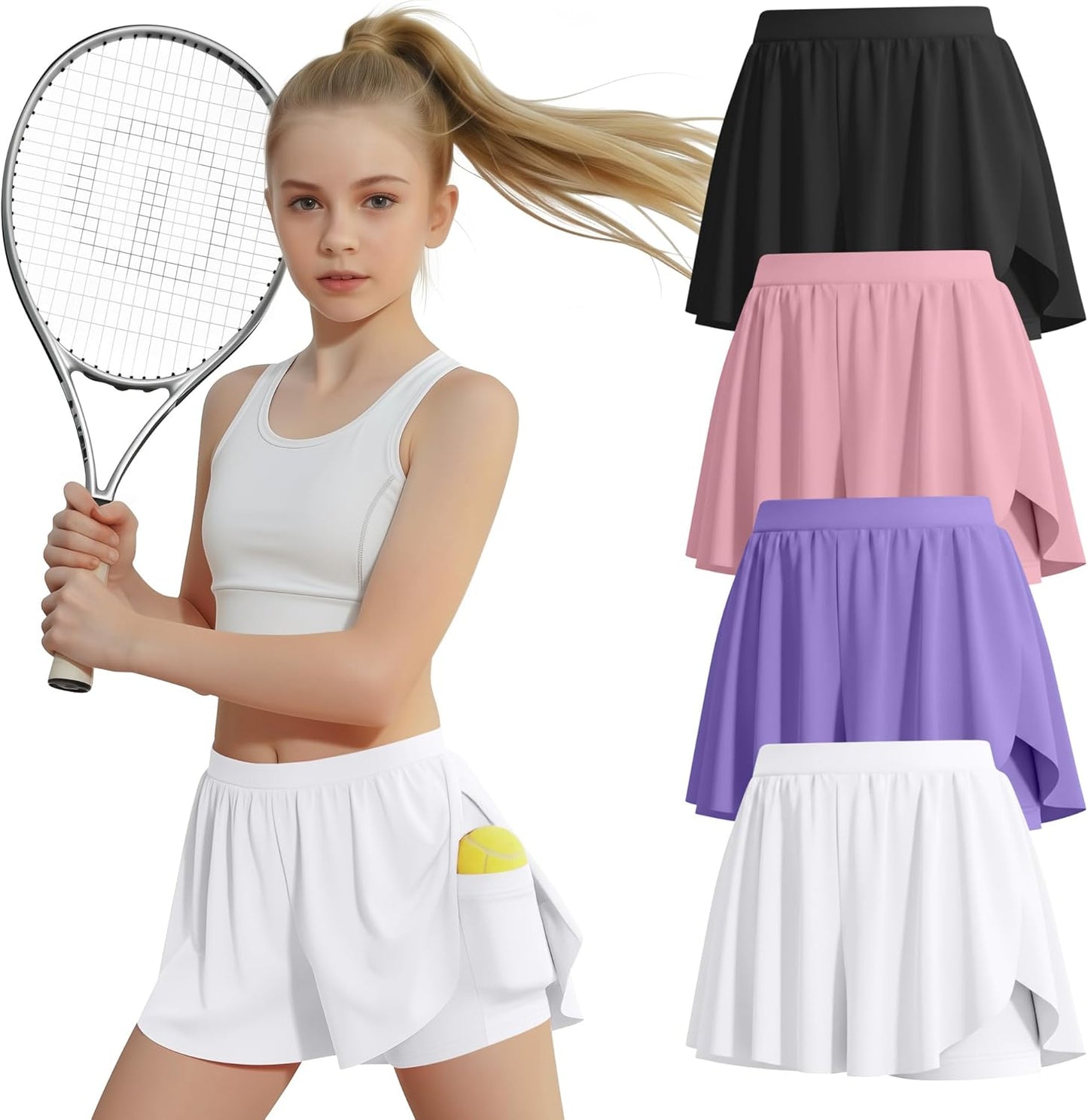 Skiennix Girls' Athletic Shorts - 2-in-1 Flowy Butterfly Skirts | Quick Dry High Waist with Pockets - 4 Pack