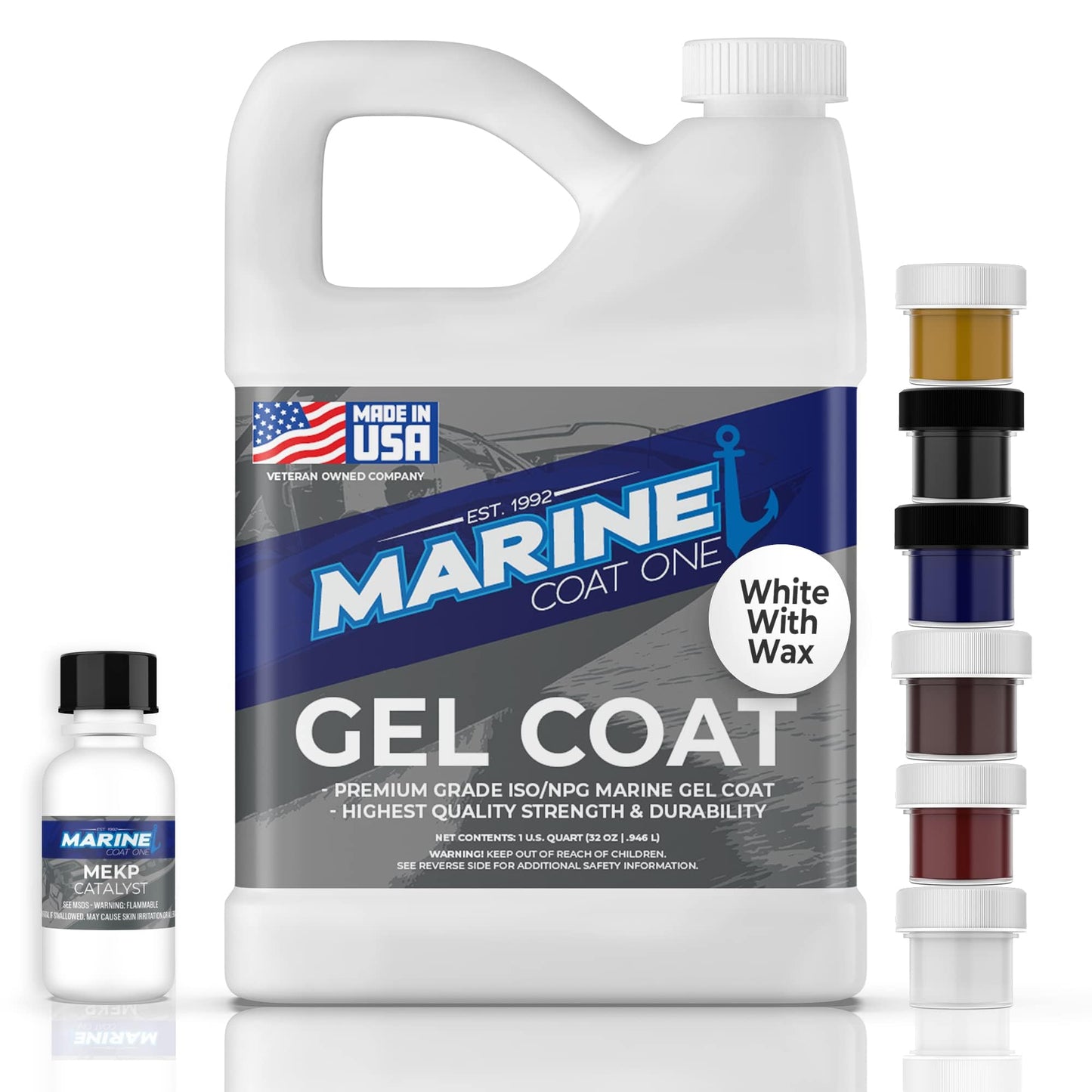 Marine Coat One Iso/Npg Gel Coat White with Wax with MEKP Catalyst for Hardening, with 6 Color Tinting Pigments, Gel Coat Repair Kit for Boats, Fiberglass (1 Quart)