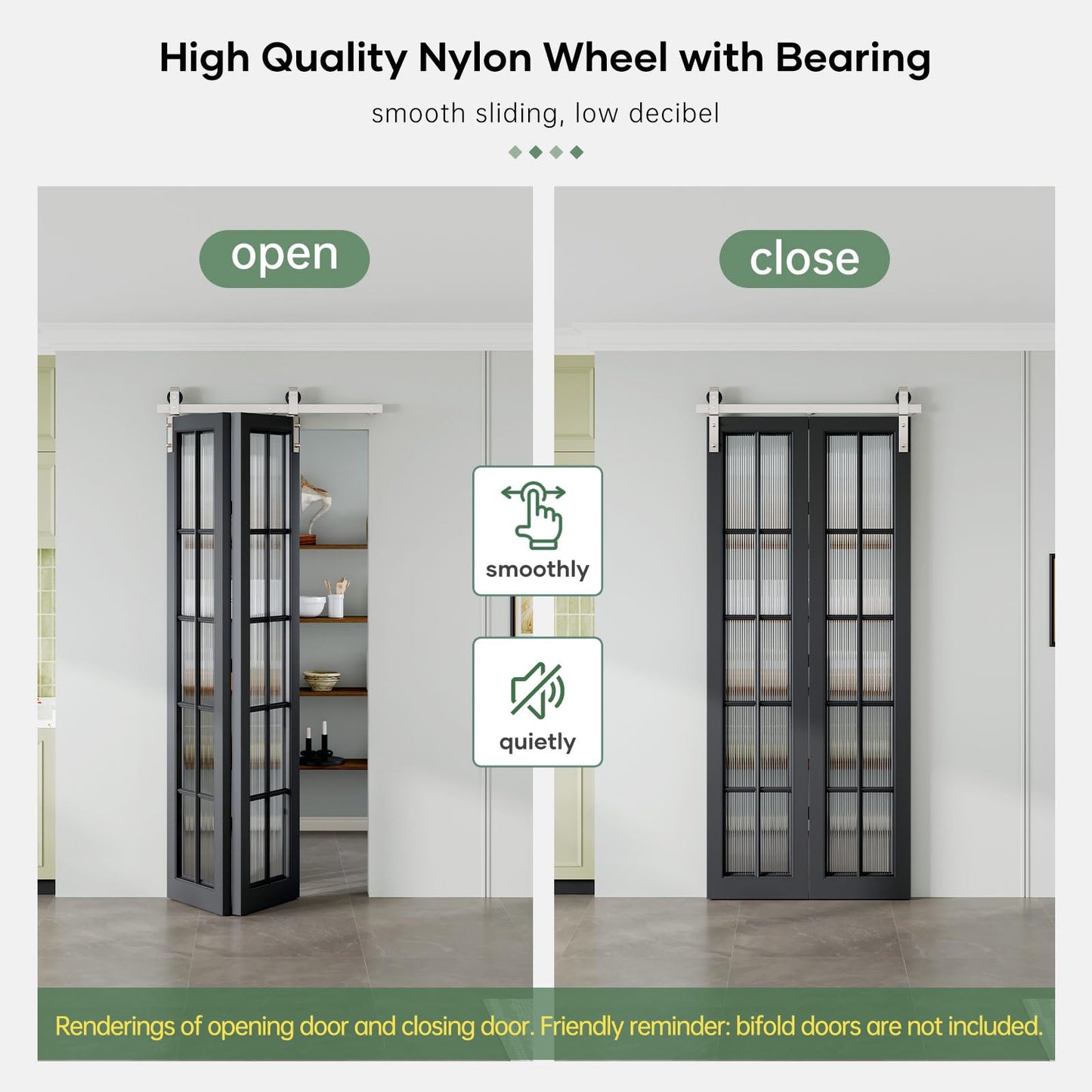 Roymelo 40" Brushed Nickel Bifold Sliding Barn Door Hardware Track Kit,Side Mounted J Shape Roller,Smoothly and Quietly,Assembly Easy,Fit Double 18" Bi-Folding Doors (Door Not Included)