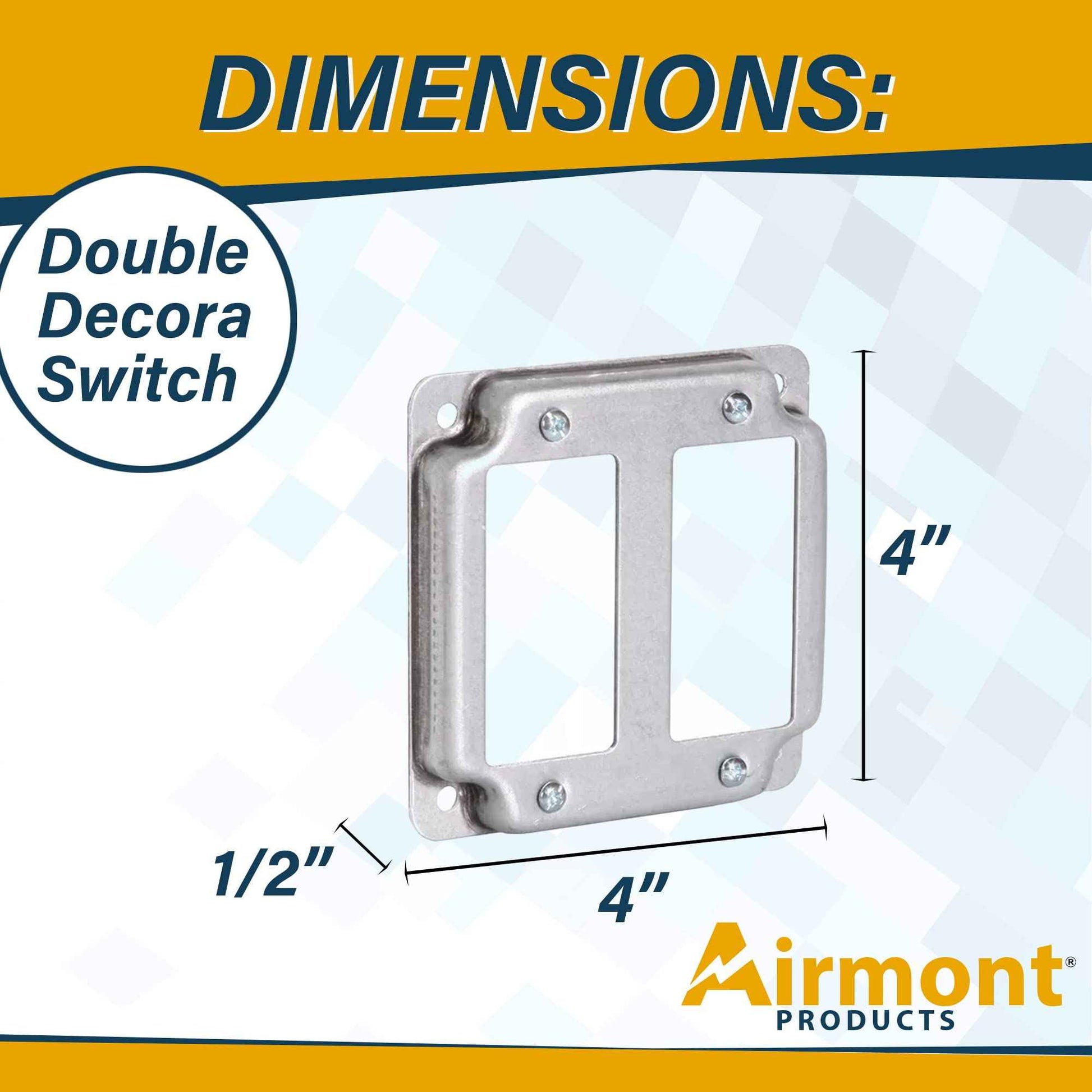 (Pack of 4) 4" Square Double Decora Switch Electrical Box Cover, 1/2" Raised, Exposed Work, Galvanized Steel, Crushed Corners, 2-Gang