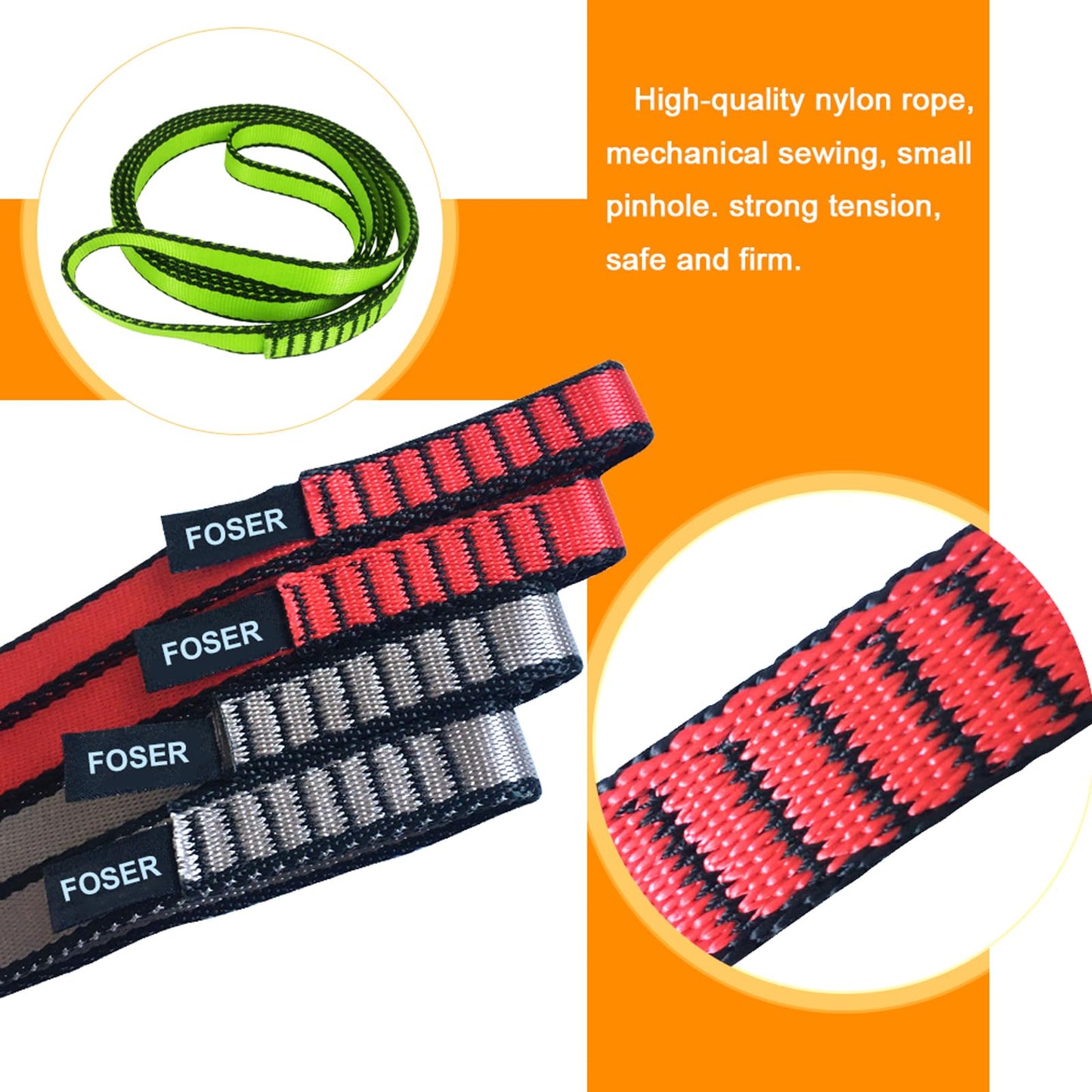 FOSER 18mm Nylon Climbing Sling Runner, 23KN Nylon Rope,Apply to Rock Climbing, Mountaineering, Hiking, Downhill, Emergency Equipment, etc (Gray(2pcs), 60cm/24inch)