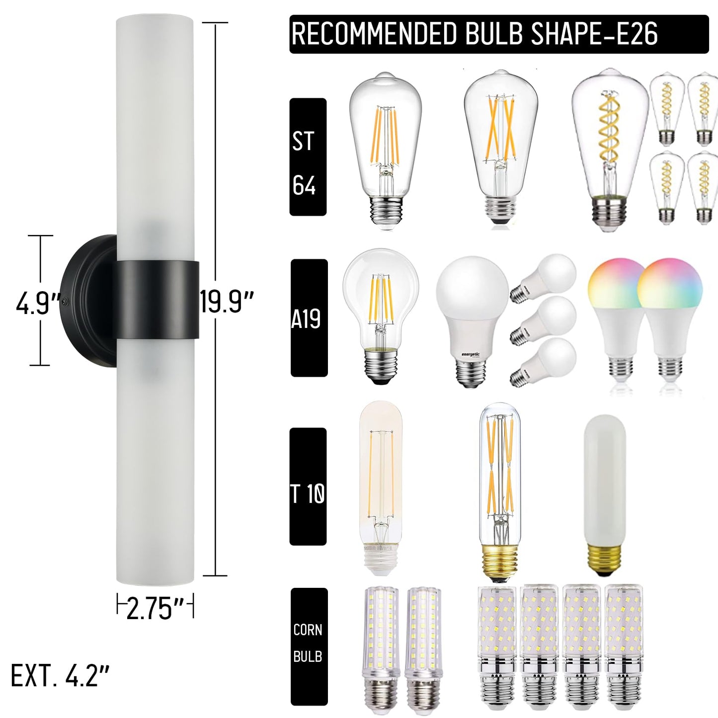 DAYCENT Modern Black Bathroom Vanity Lights Farmhouse 2-Light Frosted Glass Wall Sconce Matte Black Cylinder Sconces Wall Lighting for Bedroom Hallway Living Room, 20" H