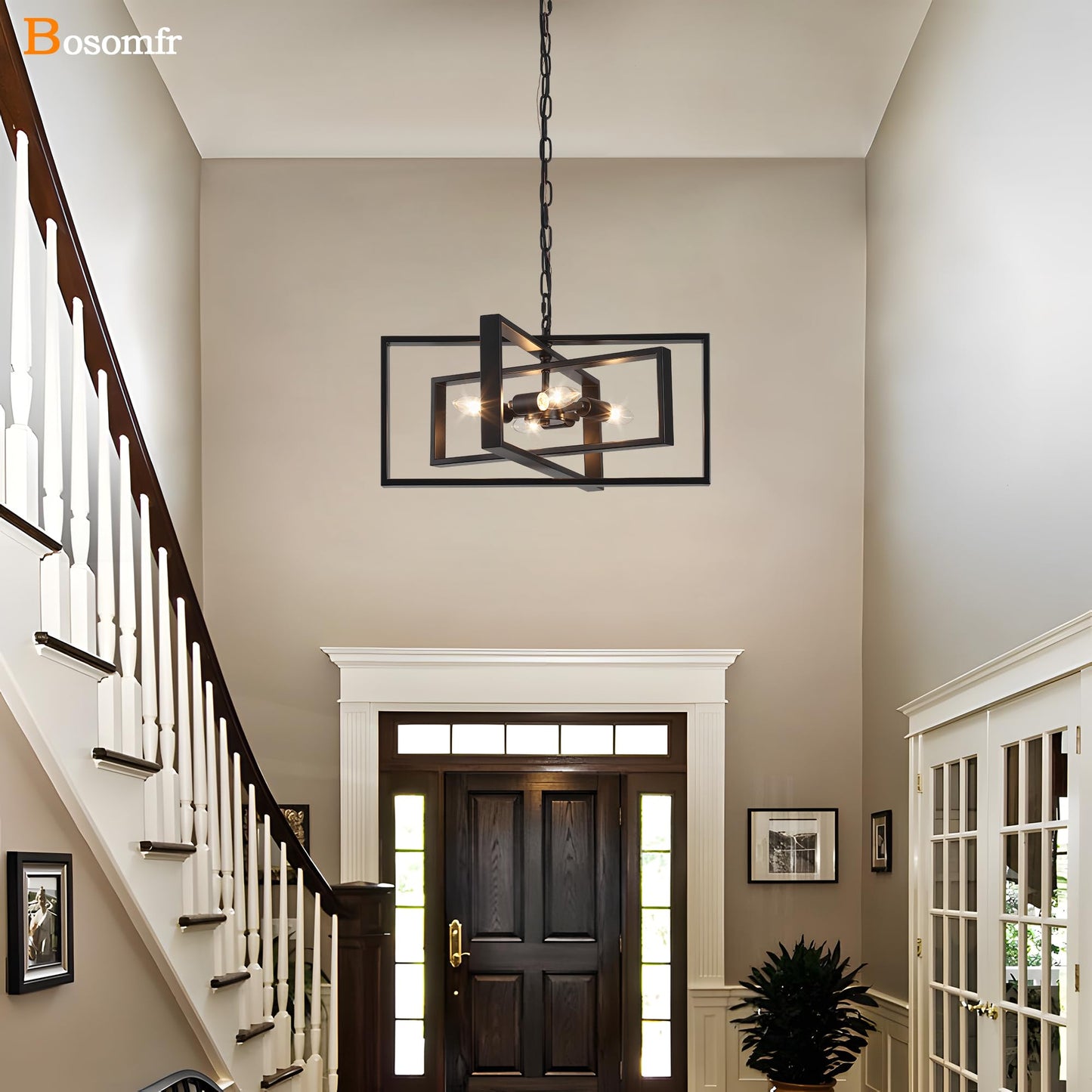 Bosomfr 19.7'' Modern Chandelier 4-Light, Black Farmhouse Light Fixture Cross Chandeliers for Dining Room Living Kitchen Island Bedroom Living,Rectangular Metal Industrial Hanging Ceiling Lighting