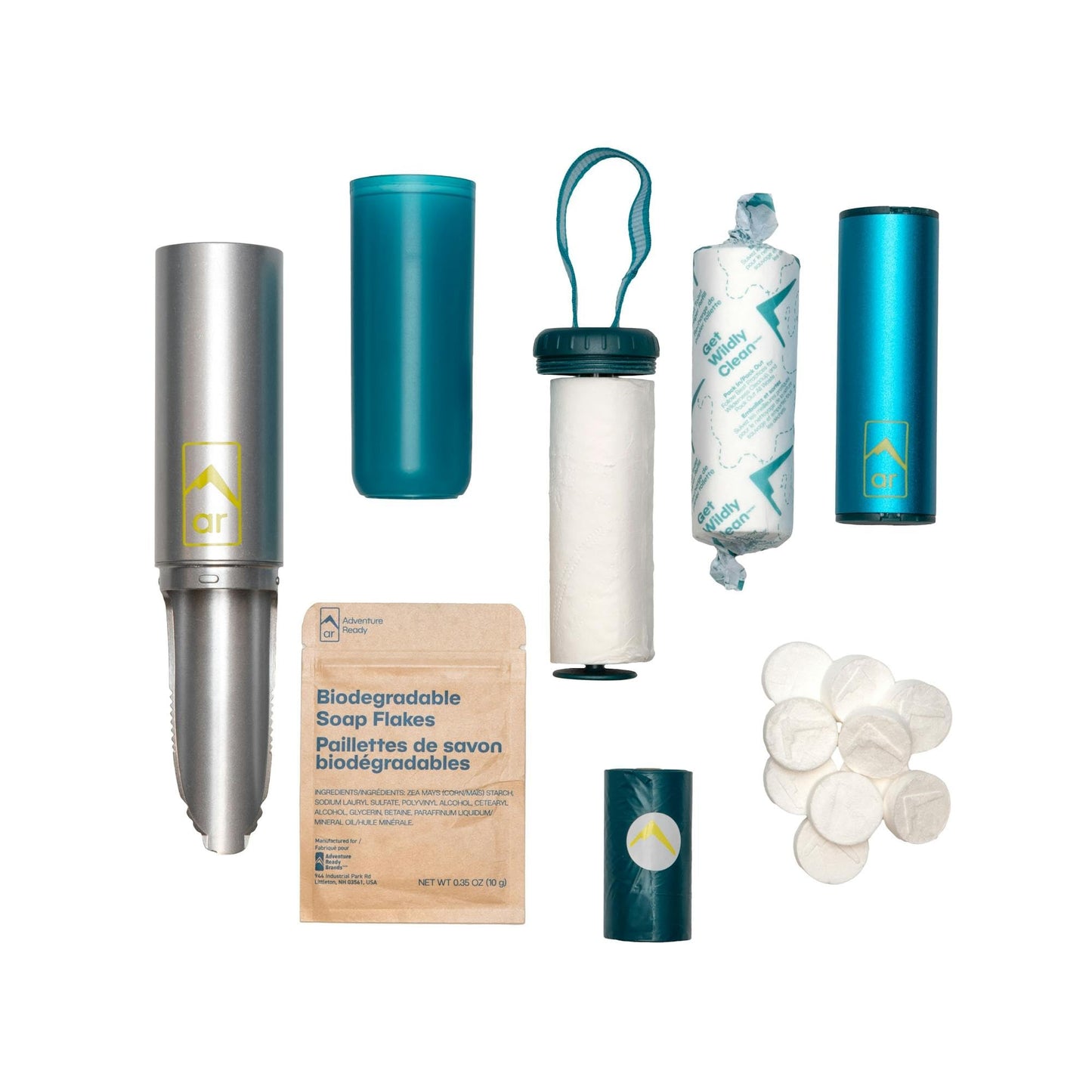 AR Backpacking Trowel Toilet Kit - Includes Aluminum Camping Shovel, Toilet Paper, Packout Bags, Soap Flakes & Compressed Towelettes