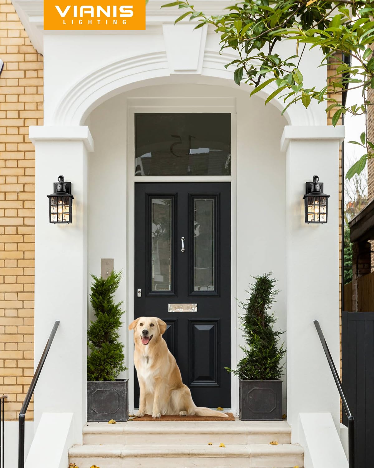 VIANIS Outdoor Wall Lights for House, 2 Pack Black Motion Sensor Porch Lanterns Wall Sconce, Modern Exterior Garage Light Fixtures Wall Mount, Waterproof Front Door Lights with Tempered Ripple Glass