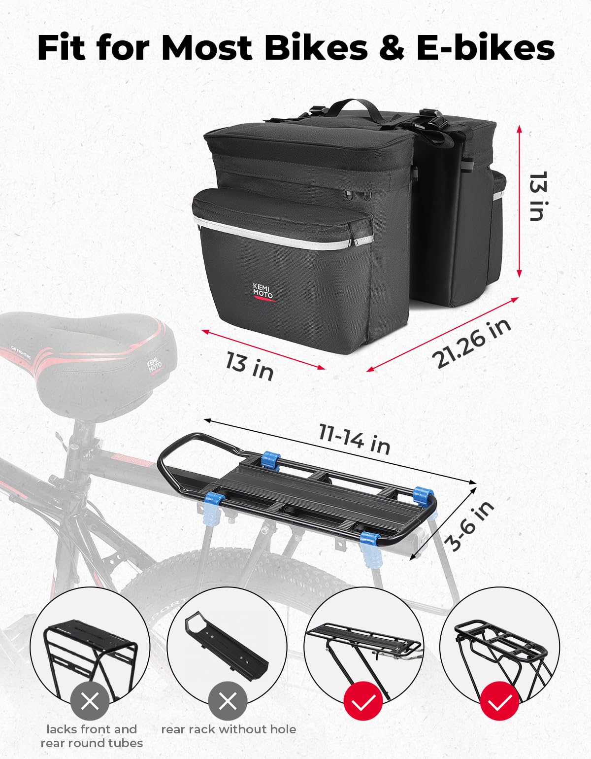 KEMIMOTO Bike Panniers 3-IN-1, 34L Bike Bag with Two 9L Insulated Cooler Pack, Bicycle Saddle Bag Includes Waterproof Rain Cover, Cycling Accessories for Camping Shopping Road Cycling Travel, Black