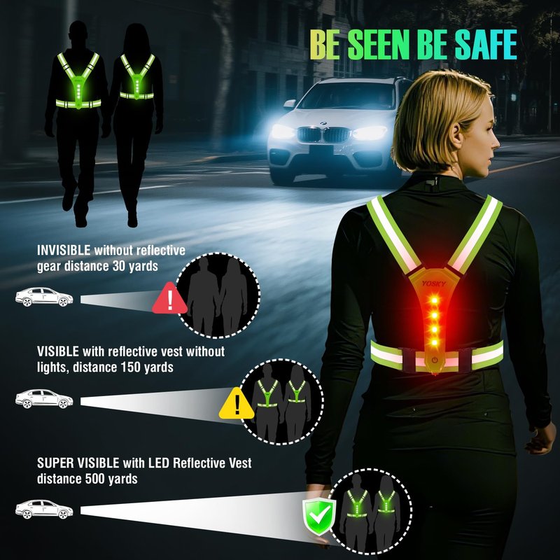 YOSKY 8 LED Running Reflective Gear Rechargeable Adjustable Running Lights Vest Safety Night Reflective Vest for Women Men Kids