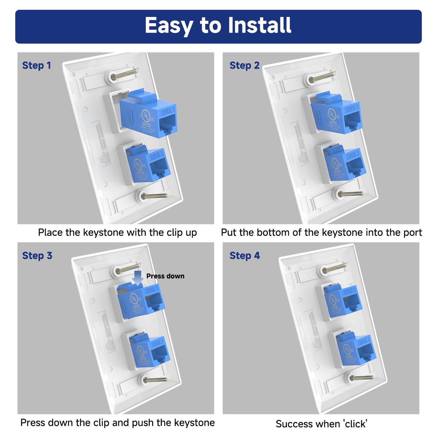 VCE 2-Port Ethernet Wall Plate (UL Listed), CAT6 Wall Plate and Jack, RJ45 Keystone Inline Coupler with Keystone Ethernet Outlet, Blue 2-Pack