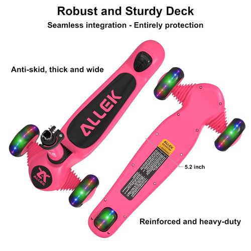 Allek Kick Scooter Foldable F02, 3-Wheel LED Flashing Glider and 4 Adjustable Height with Anti-Slip Thick Deck Push Scooter for Children 3-12yrs (Pink)