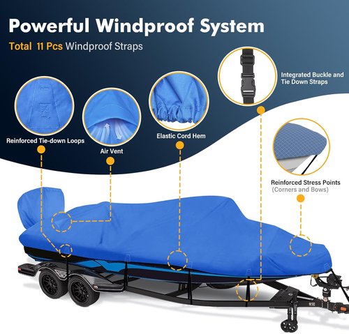 1200D Waterproof Boat Cover - Heavy-Duty Canvas for 14' to 16' Bass, V-Hull & Tri-Hull Boats - Blue