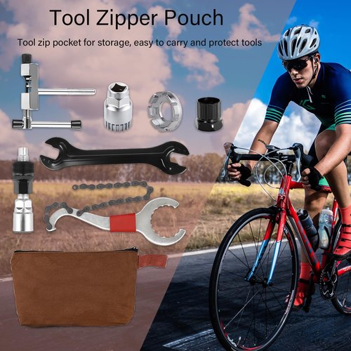 Bike Repair Tool Kit 7Pcs,Tool Zipper Pouch,3-in-1 Cassette Remover Wrench,Bike Chain Breaker,Hub Cone Wrenche,Bottom Bracket Remover,Freewheel Remover,Crank Puller Extractor,Spoke Wrench