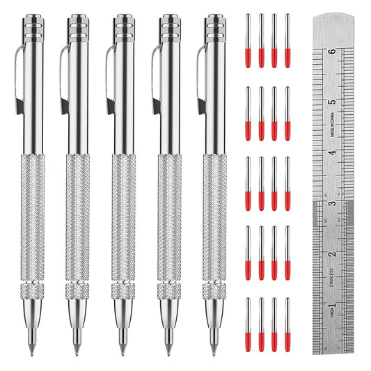 Ywmoml Tungsten Carbide Scriber Set for Metalworking - 5 Pens with 20 Tips & 6-Inch Ruler, Magnetic Knurled Engraving Tool for Steel/Glass/Ceramics, Welding Scribe Kit
