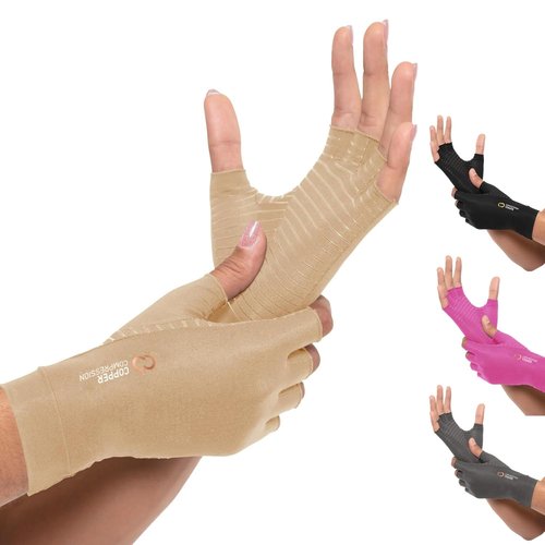 Copper Compression Arthritis Gloves - Fingerless Pain Relief for Carpal Tunnel | Hand Support for Neuropathy, Rheumatoid, Tendonitis | Nude (L)