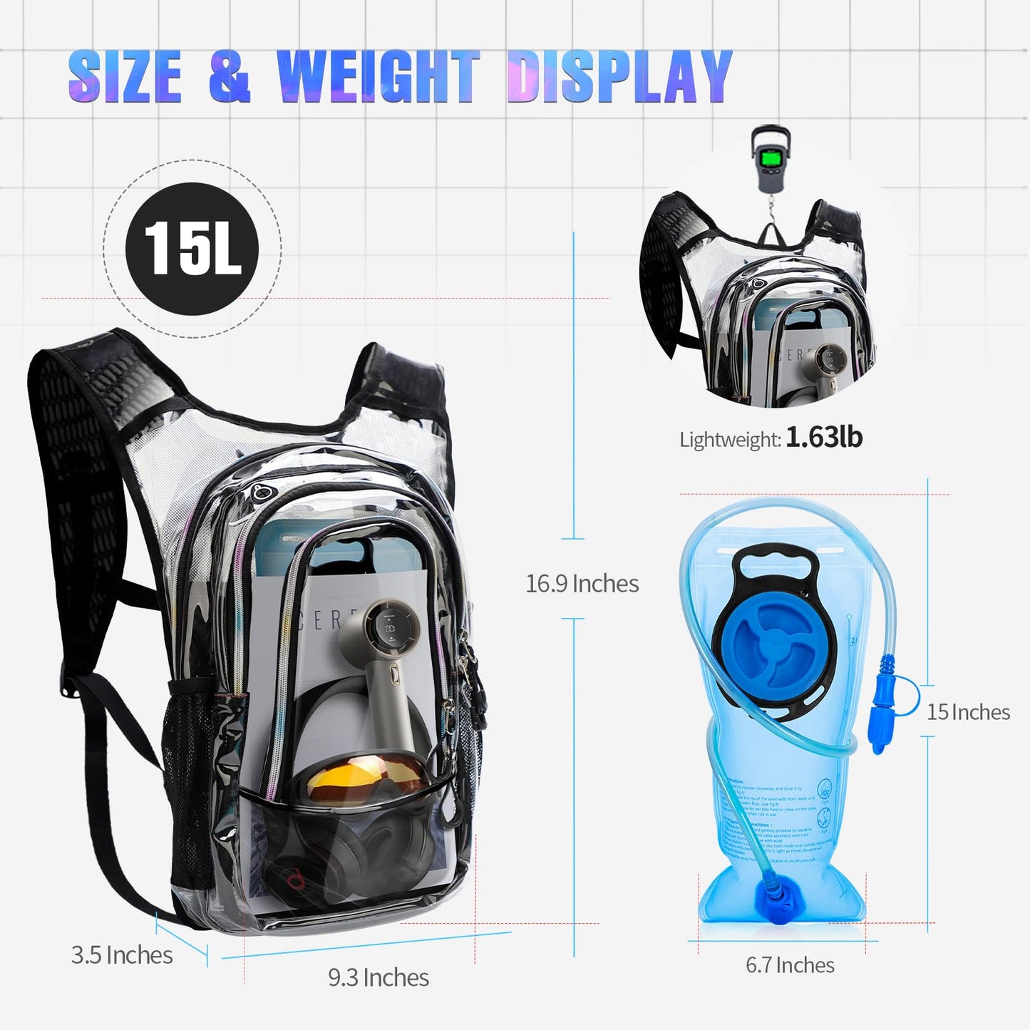 Niggeey Hydration Backpack, Festival Rave Hydration Pack, Clear Water Backpack with 2L Hydration Bladder, Rave Backpack Hydration Pack Hydropack Hydro for Hiking, Festivals, Raves