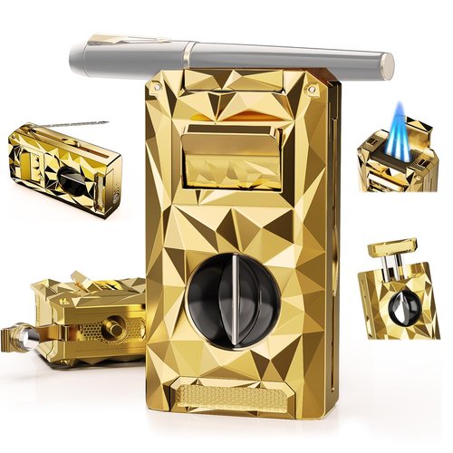 Triple Torch Lighter 5-in-1 with Cutter, Punch, Holder, Draw Enhancer Tool, Windproof Jet Flames, Gifts for Men, Multi-Functional Accessories, Butane Refillable All-in-1 Lighter for Travel, Outdoors