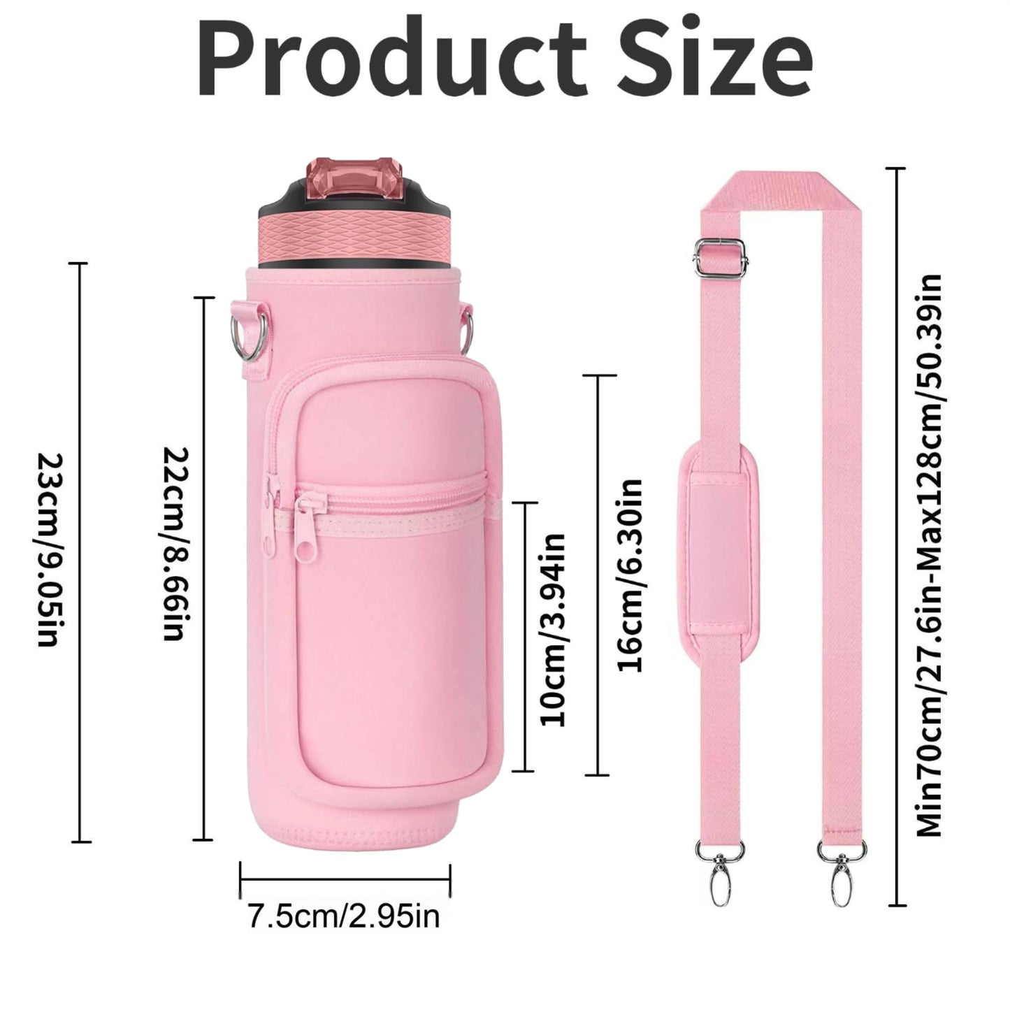 32 oz Water Bottle Carrier Bag, 32/40 oz Water Bottle Holder with Strap, Sling Bag Sleeve Pouch Holder with Phone Pocket and Small Pocket for Walking Hiking Camping Gym(2.95"W * 9.05"H)（Pink）