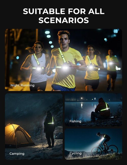 Viccux Running Lights for Runners with Reflective Straps, 500 LM 7 Modes & 45° Adjustable Running Light, IPX4 Waterproof Reflective Vest Light for Night Walking Camping Hiking, 3.5-20h Use Time