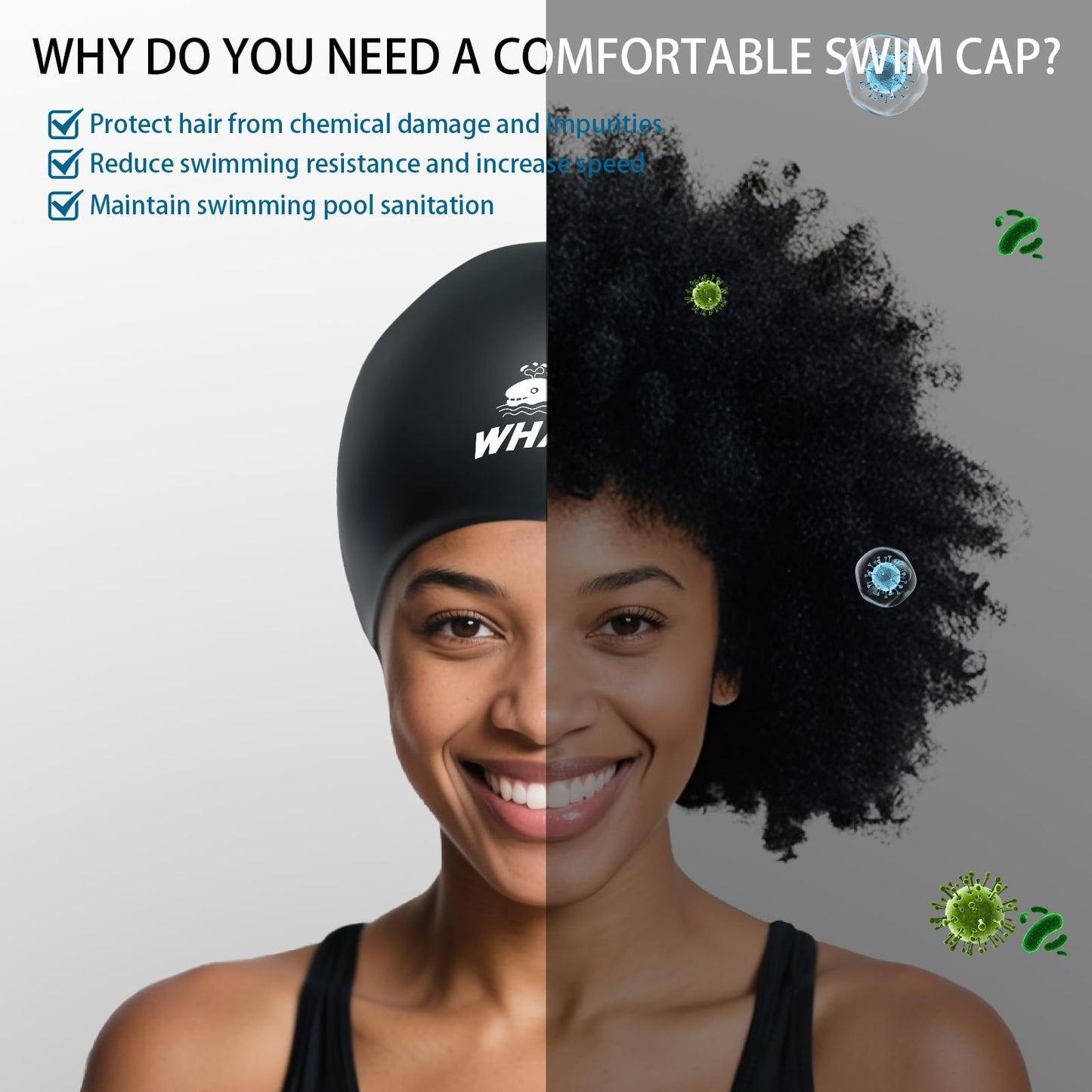 WHALE Extra Large Swim Cap for Women Men Non-Slip, High Elasticity Keeps Hair Dry Unisex Large Size Suitable for Long Hair, Curly Hair and African Dreadlocks (Black)