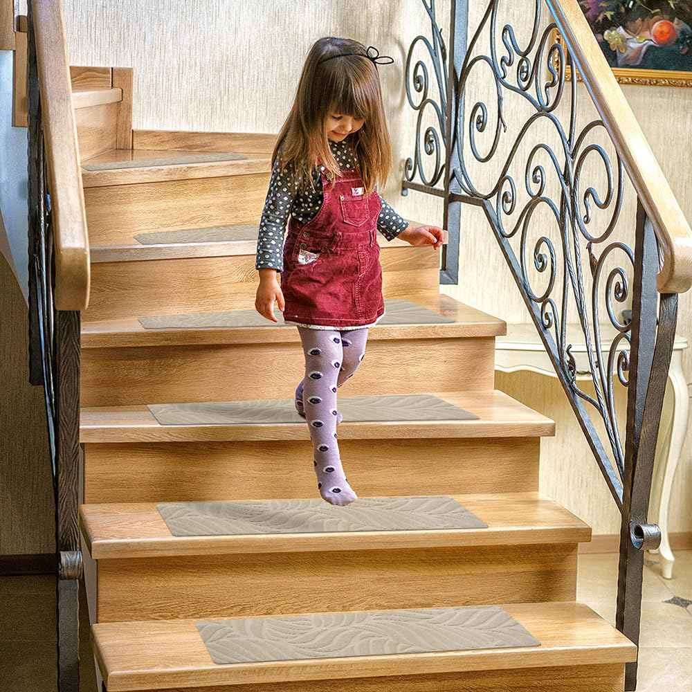 8" X 30" Stair Treads for for Wooden Steps,Non-Slip Carpet Step Treads Step Covers(15-Pack),Safety Rug Stair Tread Covers Indoor Stair Mats for Elders, Kids and Dogs (Leaf-Beige)