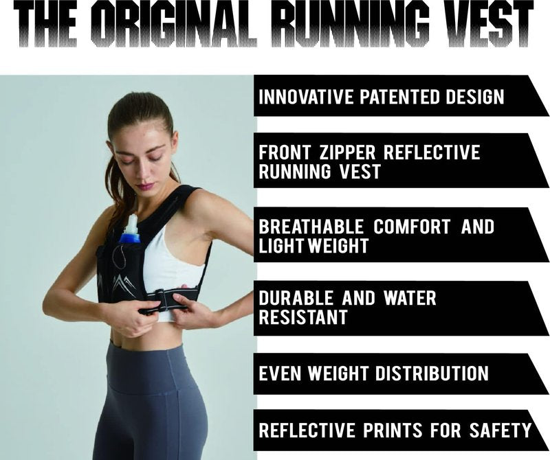 REVALI Running Vest, USA Original Patent, Zip Reflective Running Vests with 500ml Hydration Bottle, Adjustable Waistband & Breathable Material, Chest Pack Gear Phone Holder for Men & Women