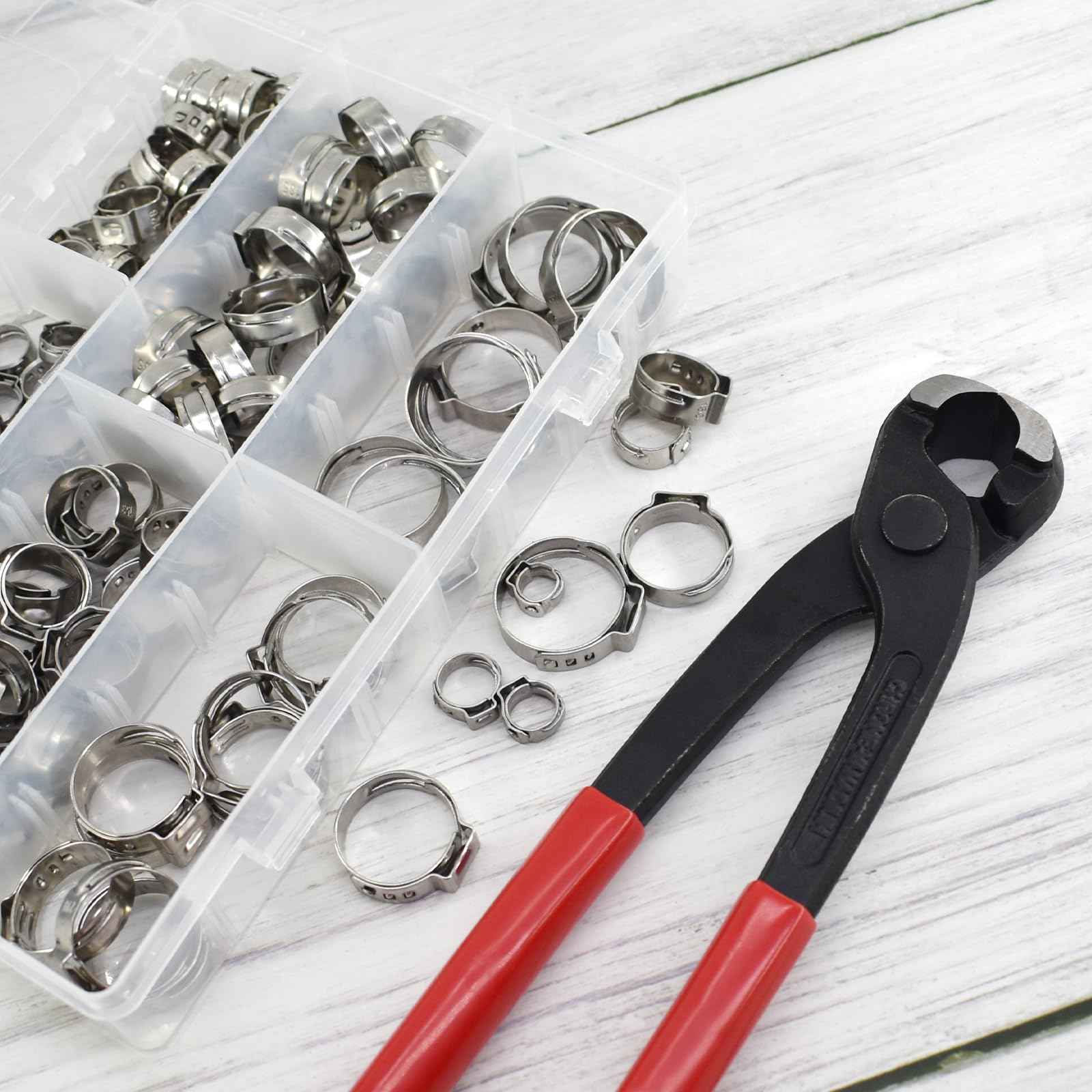 SHRJ 130pcs Pex Clamp Assortment Kit with Pliers, 304 Stainless Steel Heavy Duty PEX Cinch Crimp Rings Pinch Clamps Adjustable 1/4"- 0.92"(6-23.5mm) for PEX Tubing Pipe Fitting Connections