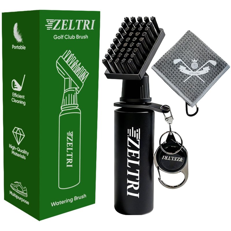Zeltri Golf Club Brush Cleaner with Retainer Clip and 8.0 x 8.0 in Golf Towel - Holds 4 Oz Water Durable Nylon Bristles for Easy Cleaning Essentials Golf Accessories (1PCS Golf Brush+1PCS Golf Towel)