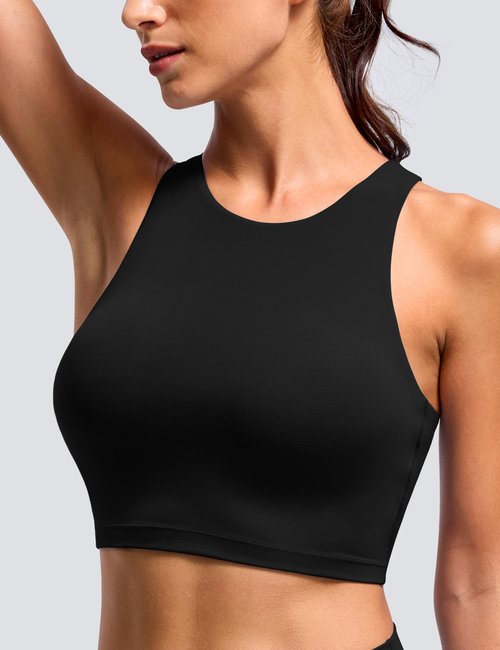 BAYDI Clouduxi High Neck Sports Bras for Women - Padded Workout Tank Tops with Built in Bra Racerback Gym Yoga Crop Top Black