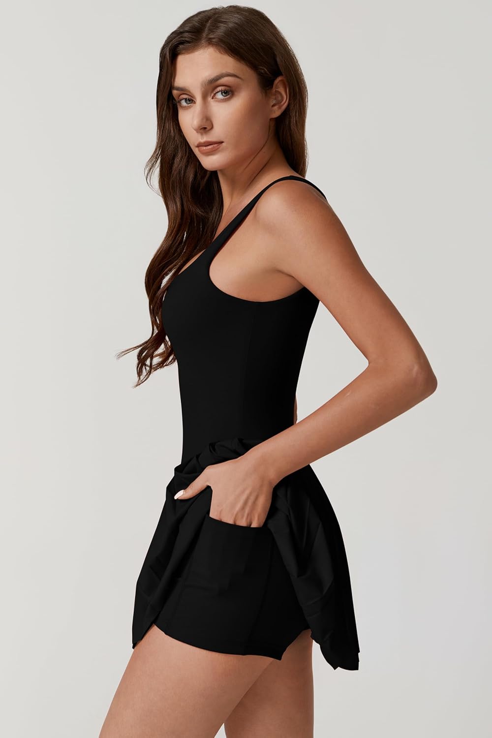 QINSEN Women's Tennis Dress - Square Neck, Pleated Design with Built-in Shorts & Pockets