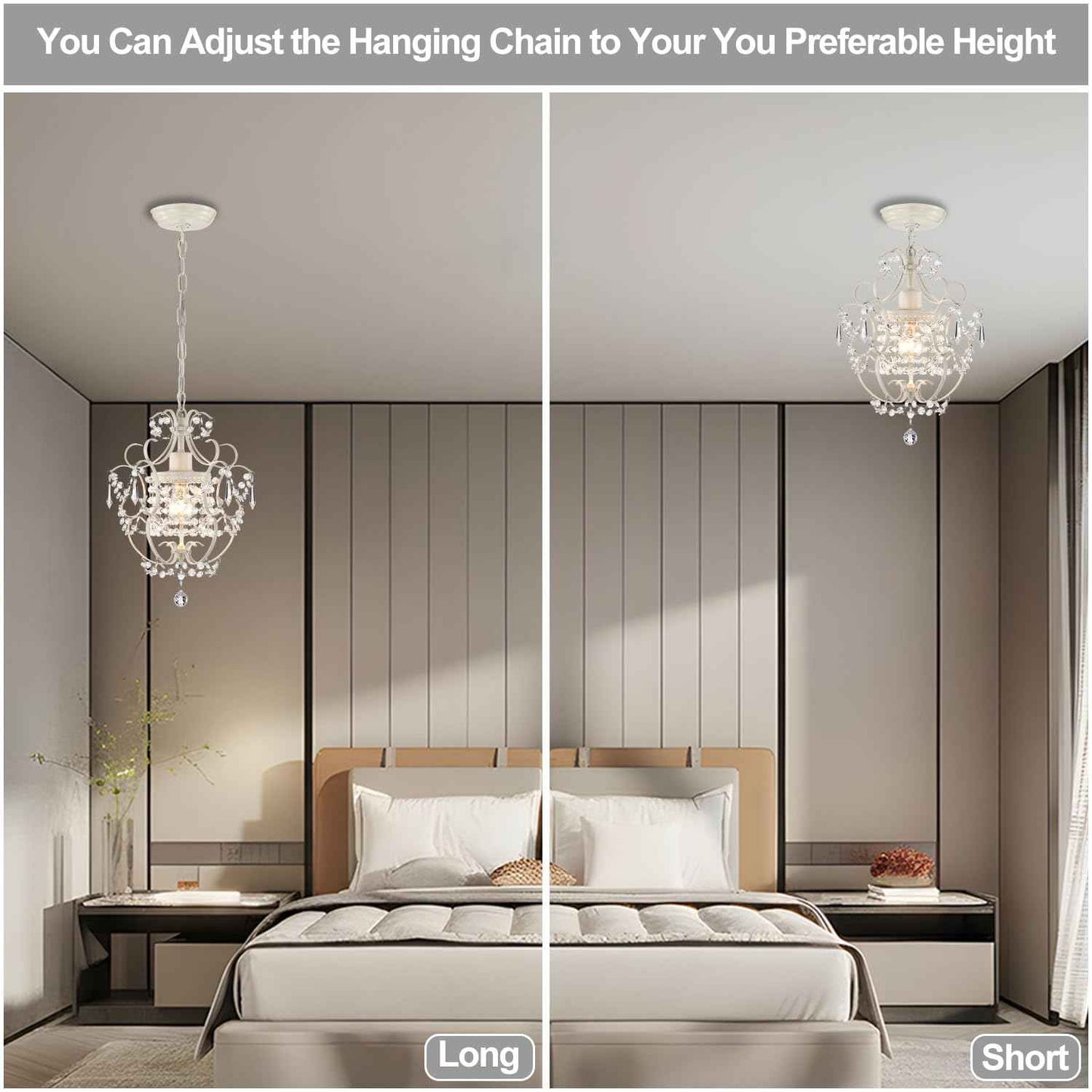 Small Crystal Chandelier for Bedroom, 90% Pre-Assembled 1 Light White Chandelier, Mini Acrylic Crystal Ceiling Light Fixture Charming for Girls Room, Closet, Bathroom, Entryway, Dining Room