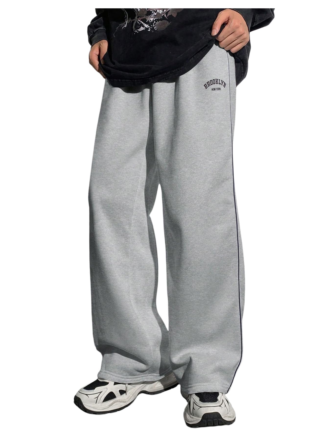 RoseSeek Boy's Letter Graphic Wide Leg Sweatpants Baggy Pants Athletic Track Sweat Pants Joggers Light Grey 12Y