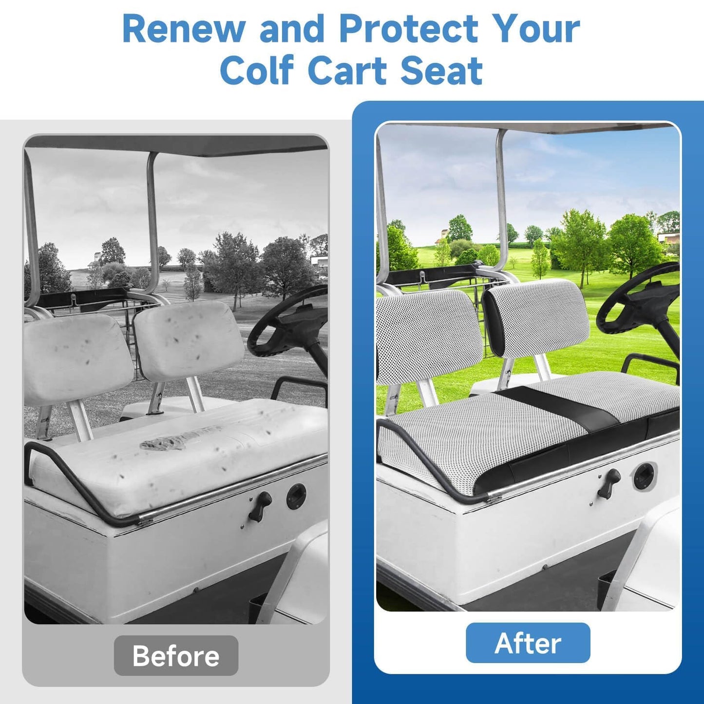 Club Car DS Pre-2000 Seat Cover, Golf Cart Seat Covers for Club Car DS 1982-2000 OEM Ordinary Seat, Breathable Polyester Mesh Cloth and Leather Combination Appearance, No Need Detaching Armrests