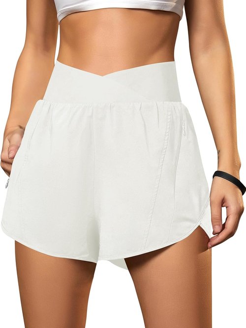 Blooming Jelly Women's High Waisted Athletic Workout Shorts - Crossover Design with Zipper Pockets