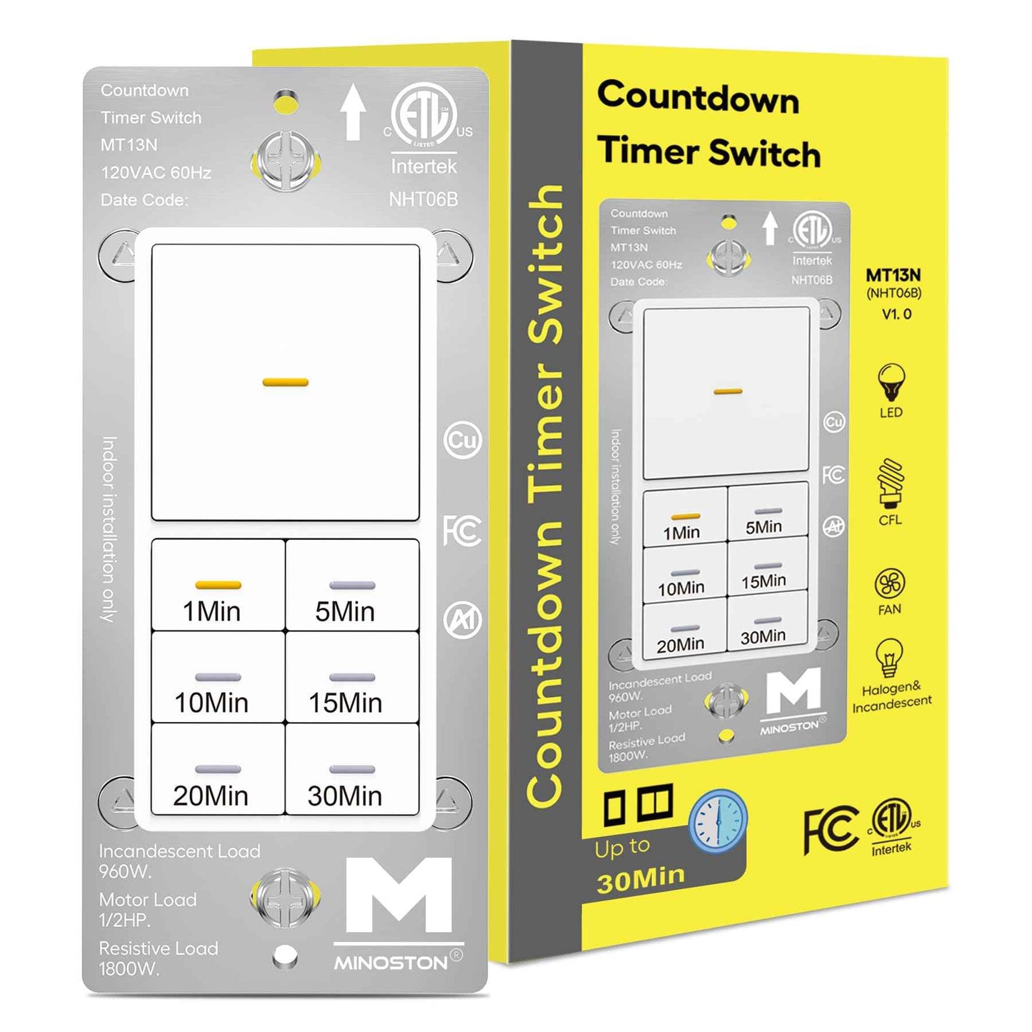 Minoston Countdown Timer Switch with Dimmable Indicator, 30 Min Wall Bath Fan Timer Switch for Bathroom Exhaust Fan and Light, 1-5-10-15-20-30 Minute, Neutral Wire Required, 120V, White (MT13N)