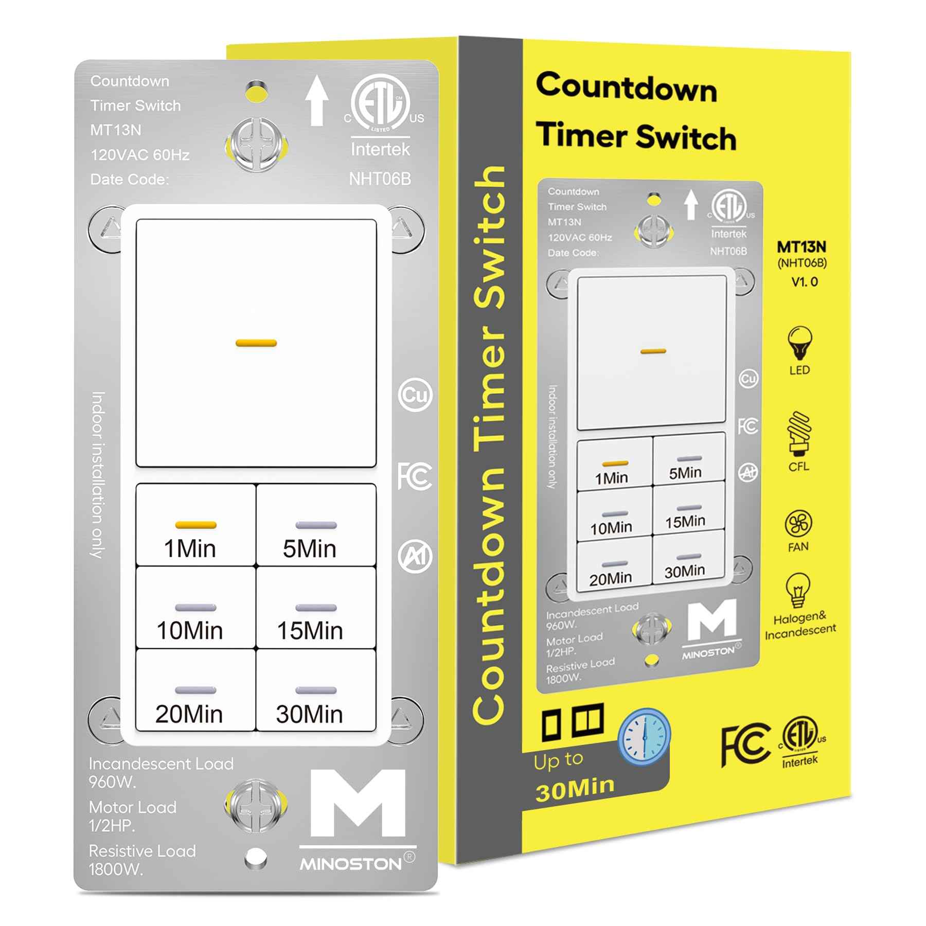 Minoston Countdown Timer Switch with Dimmable Indicator, 30 Min Wall Bath Fan Timer Switch for Bathroom Exhaust Fan and Light, 1-5-10-15-20-30 Minute, Neutral Wire Required, 120V, White (MT13N)