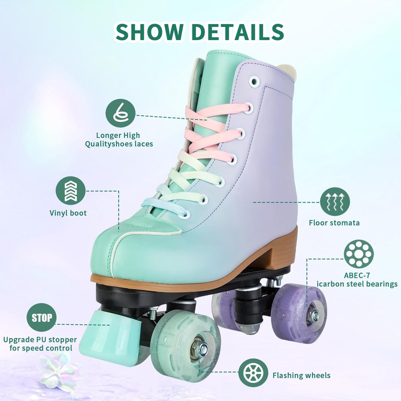 Gets Roller Skates for Girls and Women, Purple and Green PU Leather Light Up Women's Roller Derby Skates, Cute Adjustable Four-Wheel Beginner Outdoor Roller Skates for Youth (40)