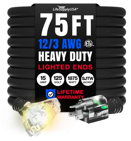 75ft Outdoor/Indoor Extension Cord 3-Outlet 12/3 Gauge Extra Heavy Duty ETL Listed, 3 Prong SJTW, Waterproof, Flexible Cold-Resistant Long Power Cord,15A 125V 1875W, Black by LifeSupplyUSA