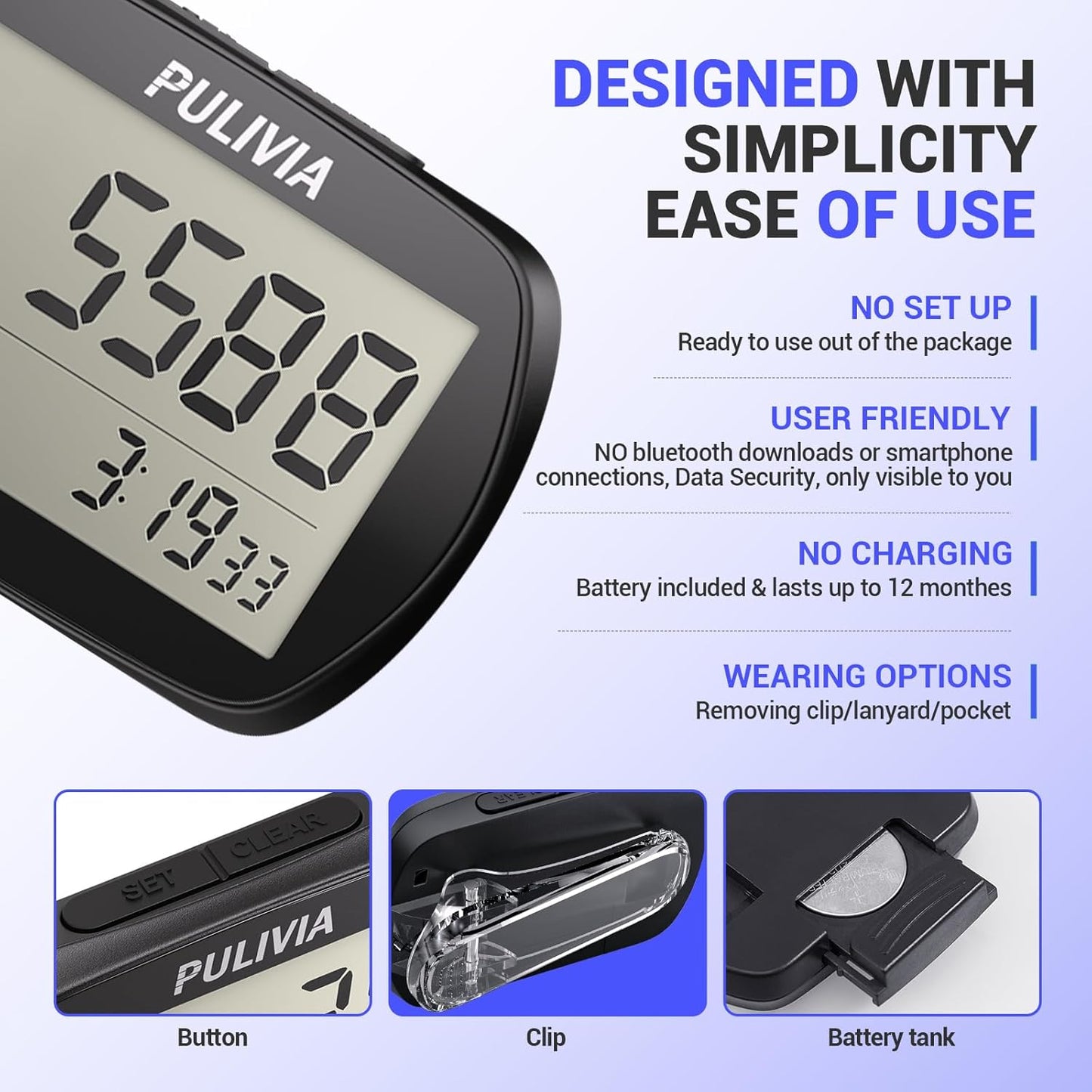 Skiennix Pedometer - Accurate 3D Step Counter with Clock | Portable Clip-On Design for Easy Tracking
