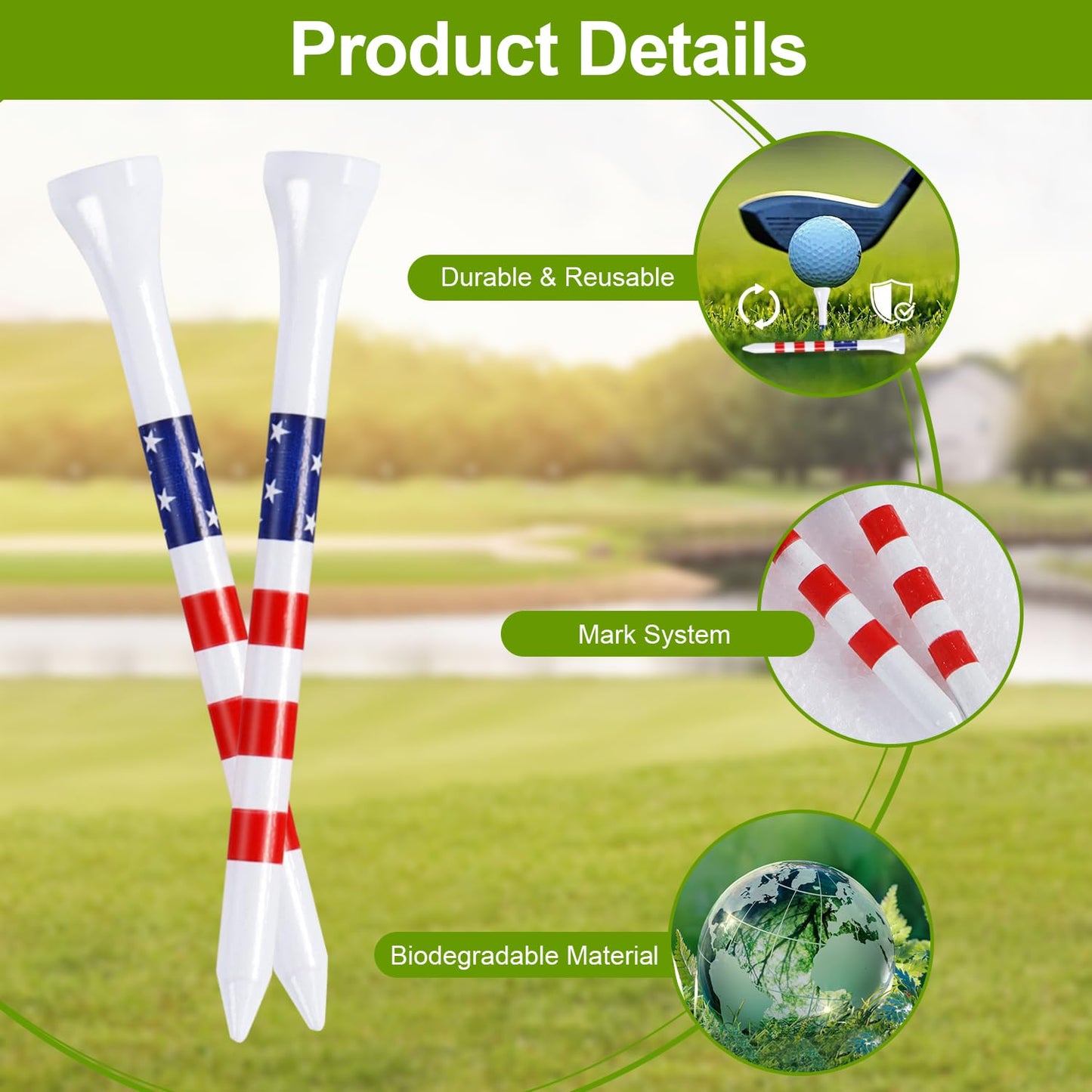 BIVASMWATH Golf Tees 3-1/4" Durable Bamboo Tees 100 Pack, Friendly Biodegradable Material Reduce Friction Side Spin More Stable