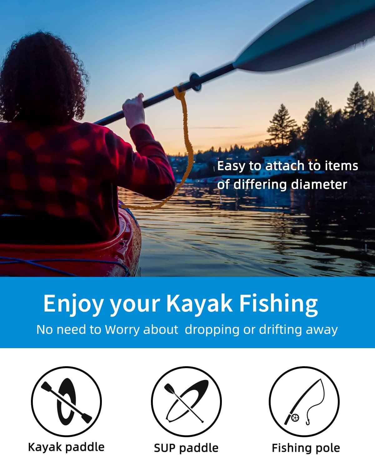 OCEANBROAD Kayak Paddle Leash - Stretchable Bungee Strap with D-Ring | 5-7 Feet Tangerine for SUP & Canoeing