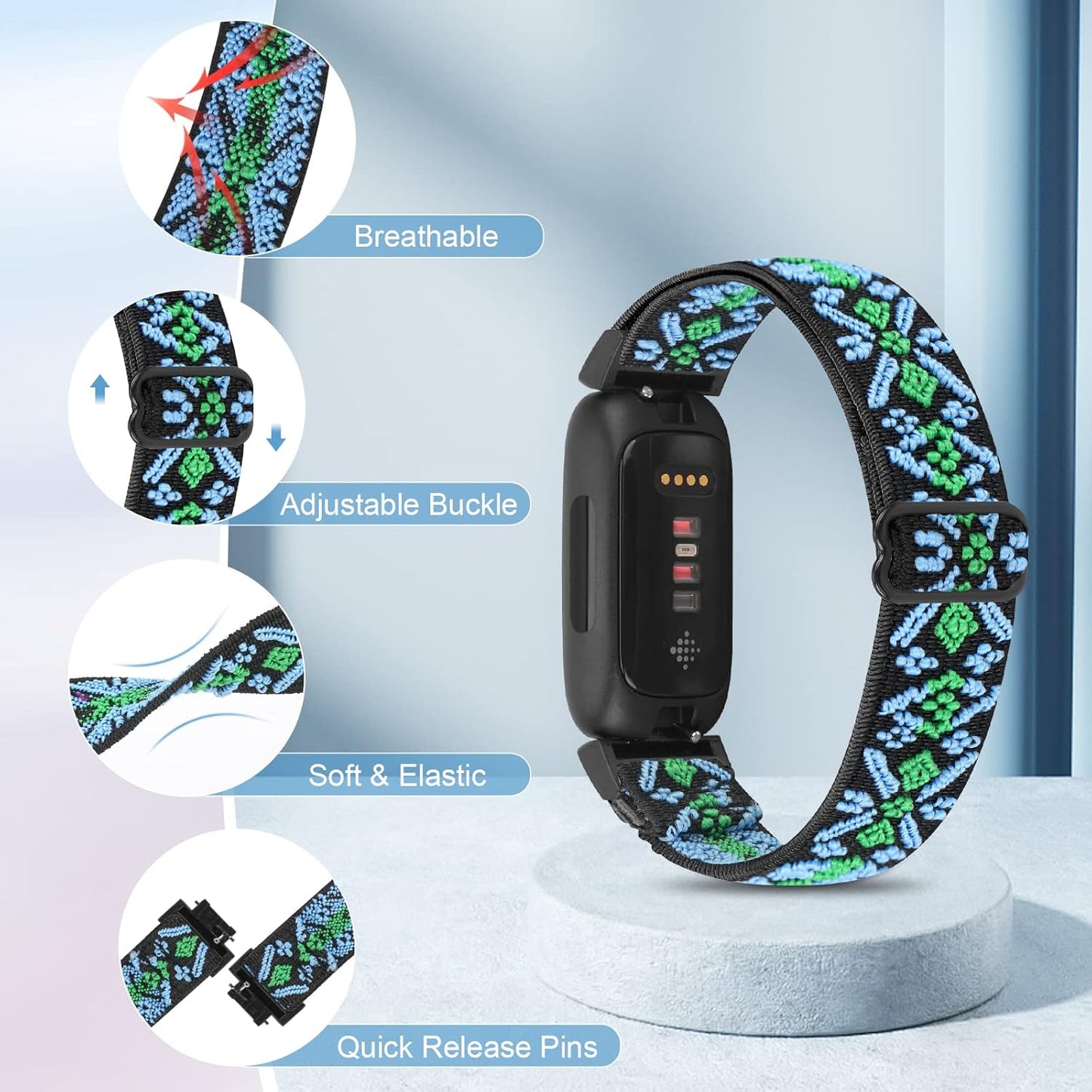 Vodtian 4-Pack Elastic Bands for Fitbit Inspire 3/2 | Adjustable Nylon Loop Straps for Men & Women