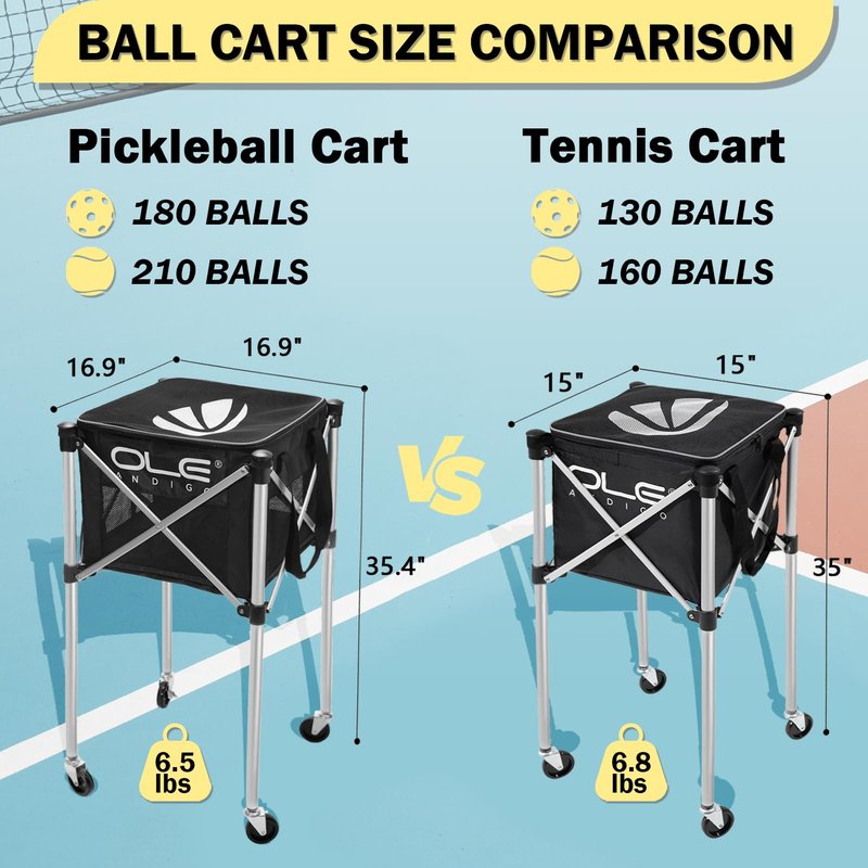 OLE ANDIGO Pickleball Cart Portable Tennis Balls Hopper,Holds 180 Pickleballs or 210 Tennis Balls,Pickle Ball Equipment,Ball Caddy with Wheels for Pickleball Player Training