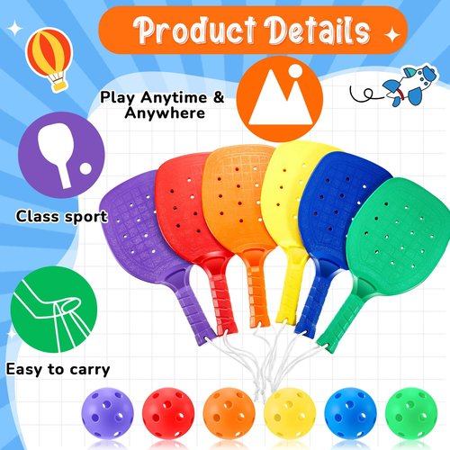 Lunmon Plastic Paddleball Racket with Balls PE Equipment for Elementary School 15.2 x 7.5 Inches Paddle Ball Racket with Lanyard Physical Education Classes Equipment 6 Colors(6 Pcs)