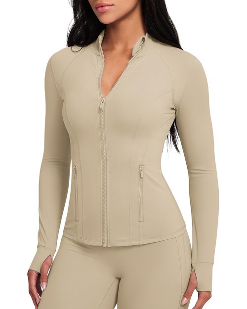 GYM RAINBOW Workout Jackets for Women Athletic Running Gym Yoga Jacket Lightweight Full Zip Slim Fit Sports Tops Thumb Holes Pockets(Oxford Tan,Medium)