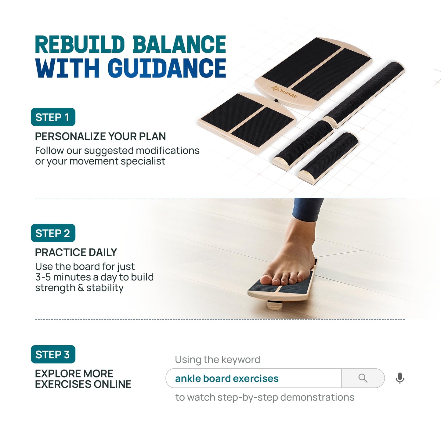 Yes4All Single Leg Balance Board, Anti-Slip Wooden Ankle Strengthener with Half Hook & Loop Foot Bar for Easy Adjustment, 215 LB Capacity Foot Exerciser for Fitness, Ankle Strength, Balance Training