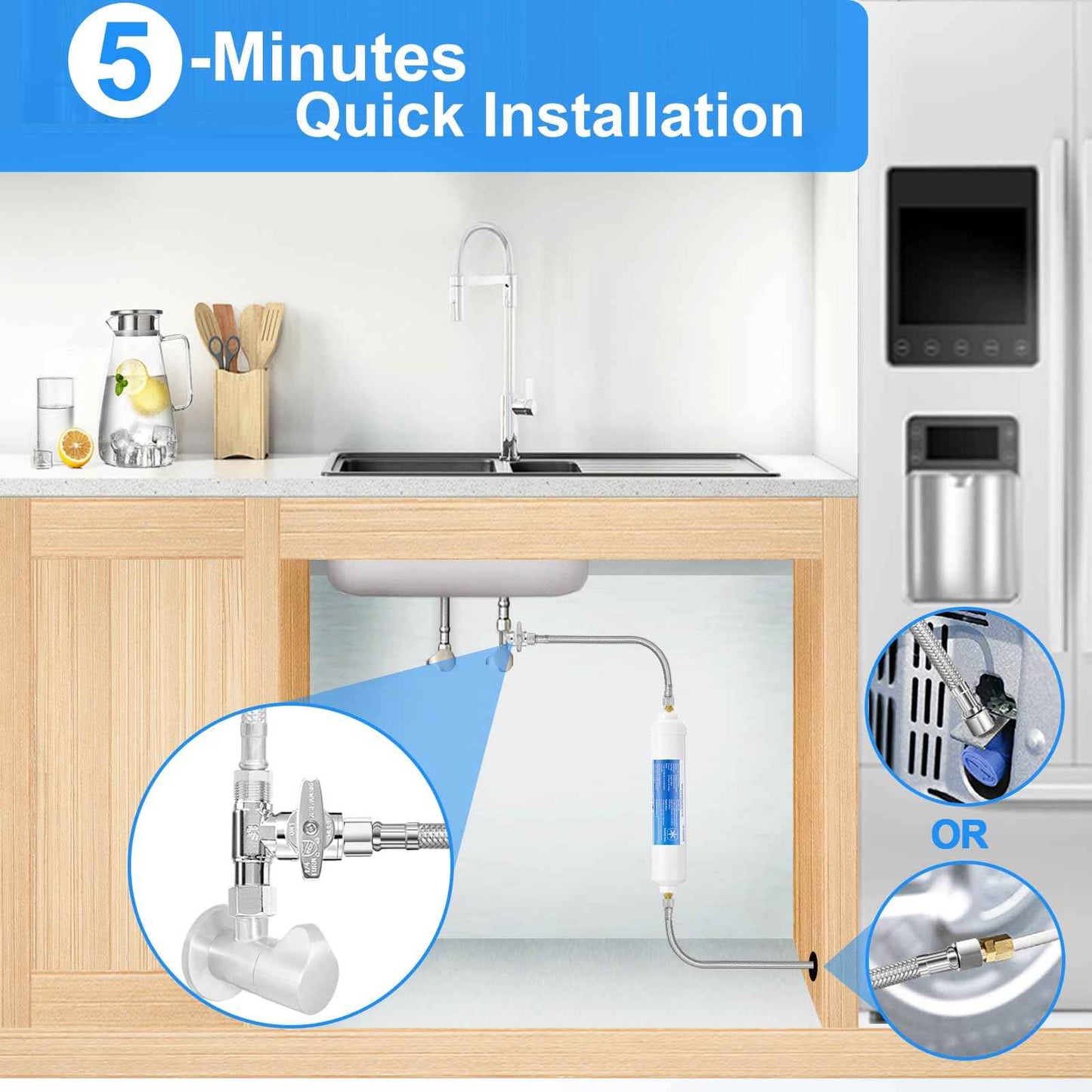 Refrigerator Water Line Kit - 8FT Stainless Steel Braided Ice Maker Water Line with Tee Stop Valve,Foodgrade PEX Inner Hose Fridge Water Line with 1/4" Comp Fitting and Tee Valve