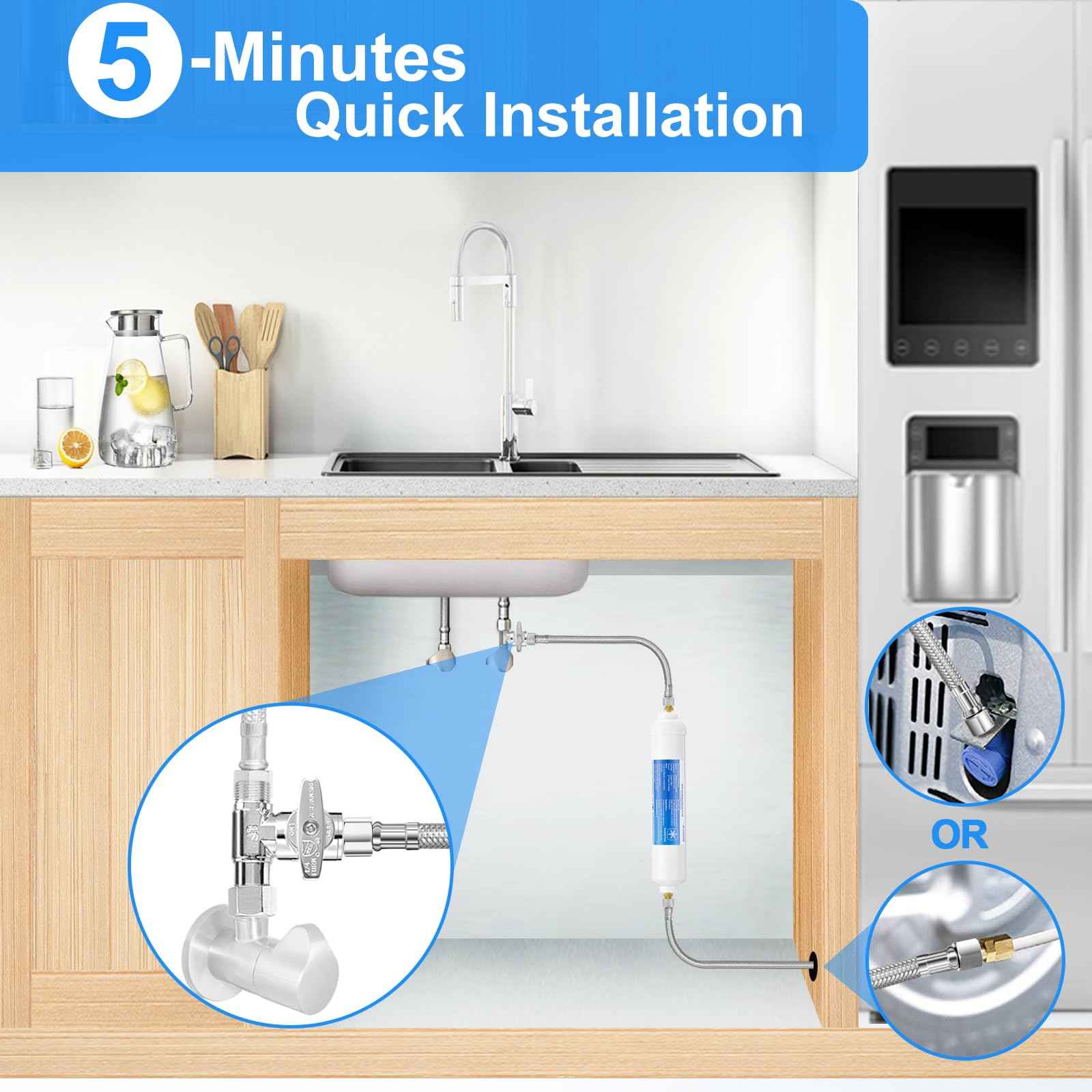 Refrigerator Water Line Kit - 8FT Stainless Steel Braided Ice Maker Water Line with Tee Stop Valve,Foodgrade PEX Inner Hose Fridge Water Line with 1/4" Comp Fitting and Tee Valve