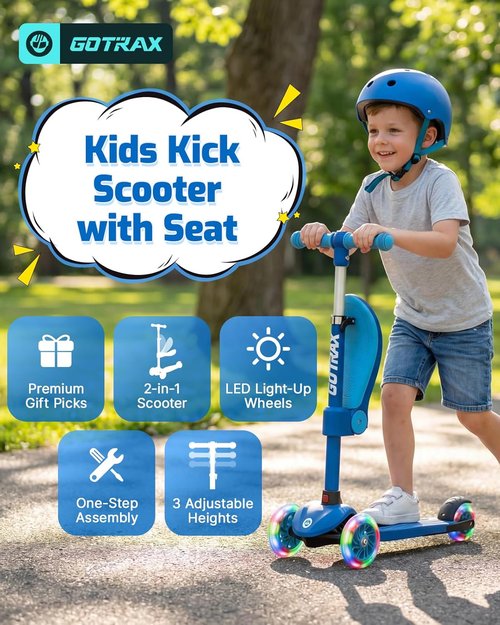 Gotrax KS3 Kids Kick Scooter - LED Lighted Wheels, Adjustable Height, Removable Seat | For Ages 2-8, Up to 110 Lbs