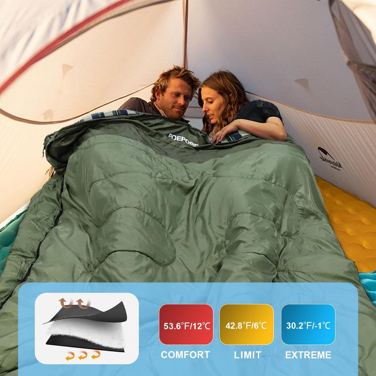 POEPORE Double Sleeping Bag Flannel for Adults with 2 Pillows 2 Person Sleeping Bags Camping XXL Queen Size Two Person Sleeping Bag for Cold Weather Green