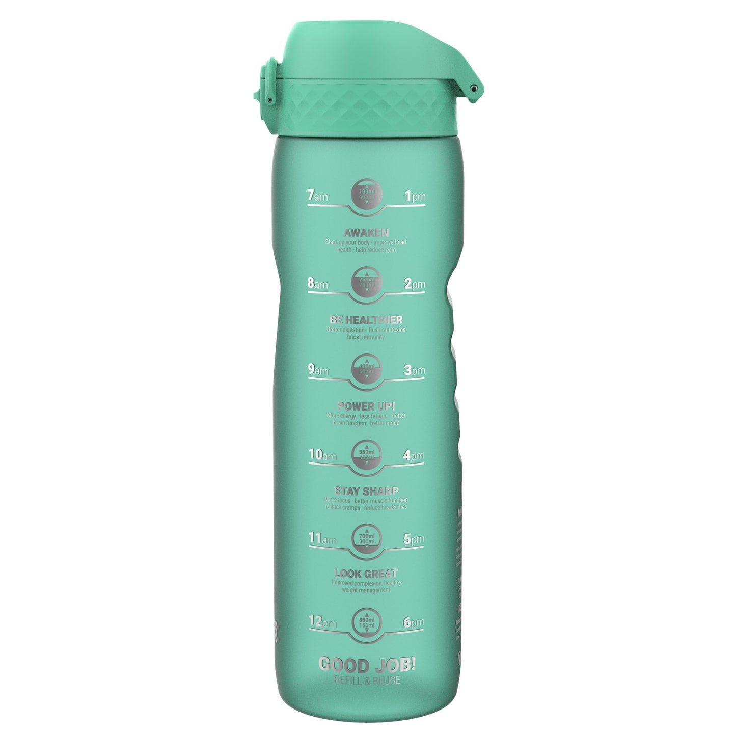 Ion8 1 Litre Water Bottle with Times to Drink, Leak Proof, Flip Lid, Carry Handle, Dishwasher Safe, BPA Free, Soft Touch Contoured Grip, Ideal for Gym, Health and Fitness, 32 oz, Teal