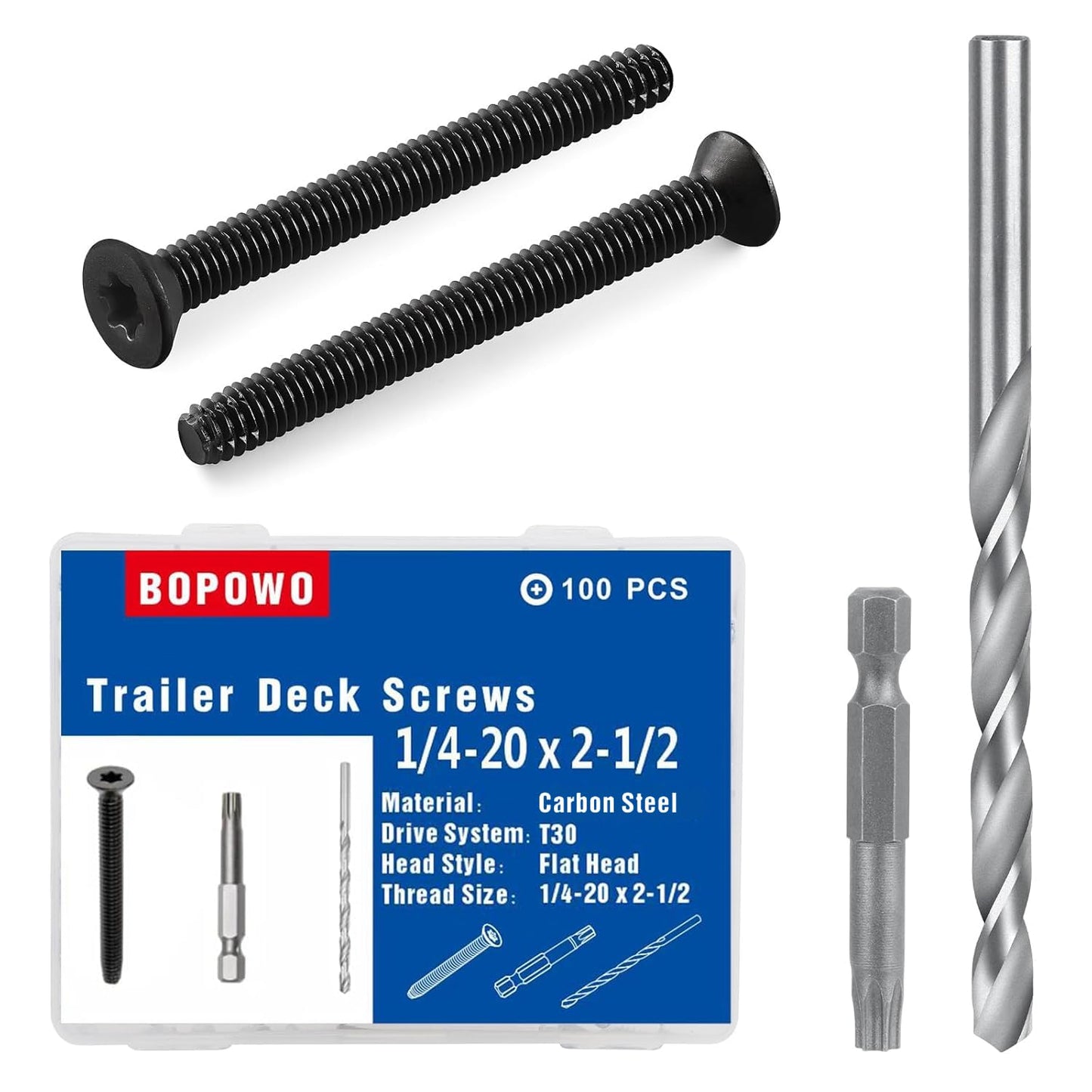 Bopowo 1/4-20 x 2 1/2 Flat Head Floorboard Thread Cutting Screws, Type F, (Star - Six Lobe - Torx Drive), Black Phosphate Finish, Countersunk, T-30 Drive and 7/32 Drill bit